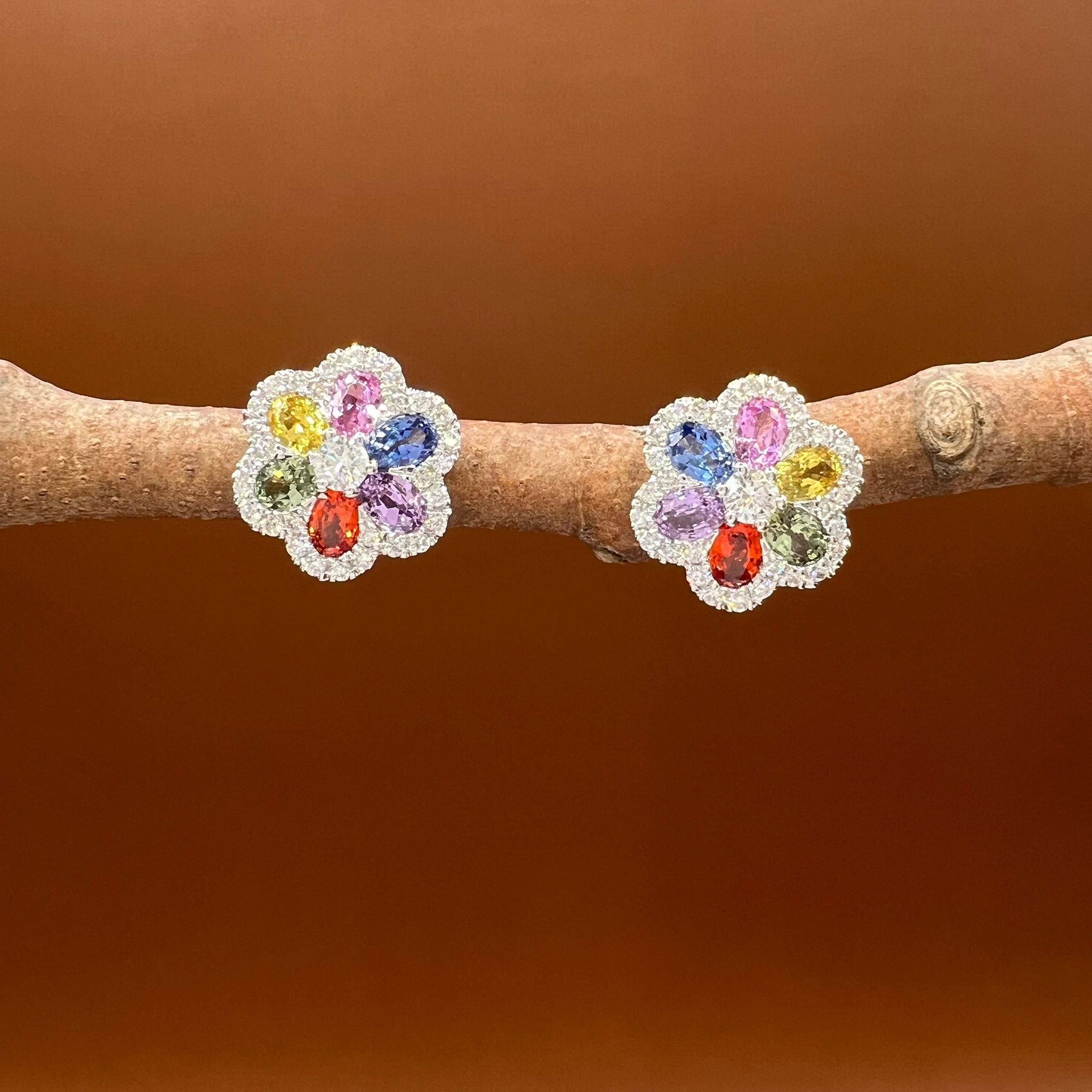 Rainbow Sapphires Diamonds Blossom Studs