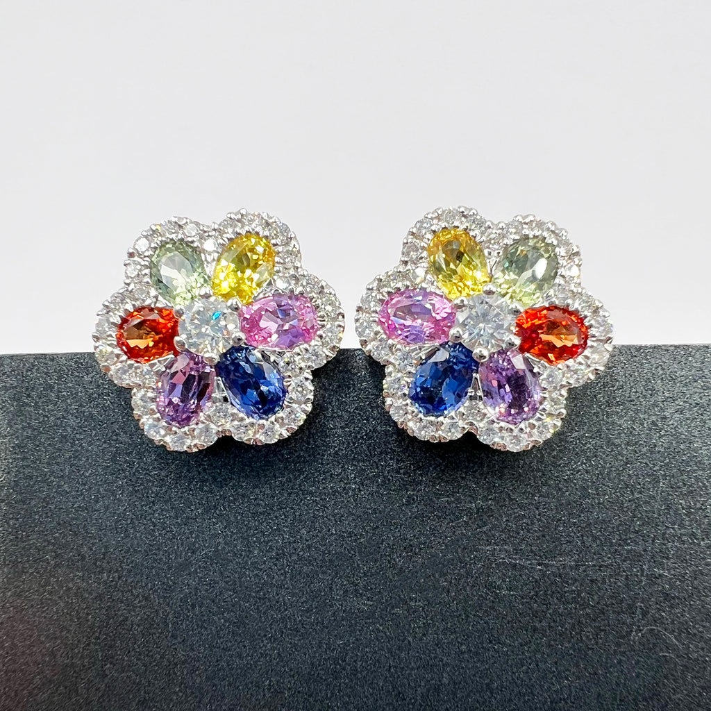 Rainbow Sapphires Diamonds Blossom Studs