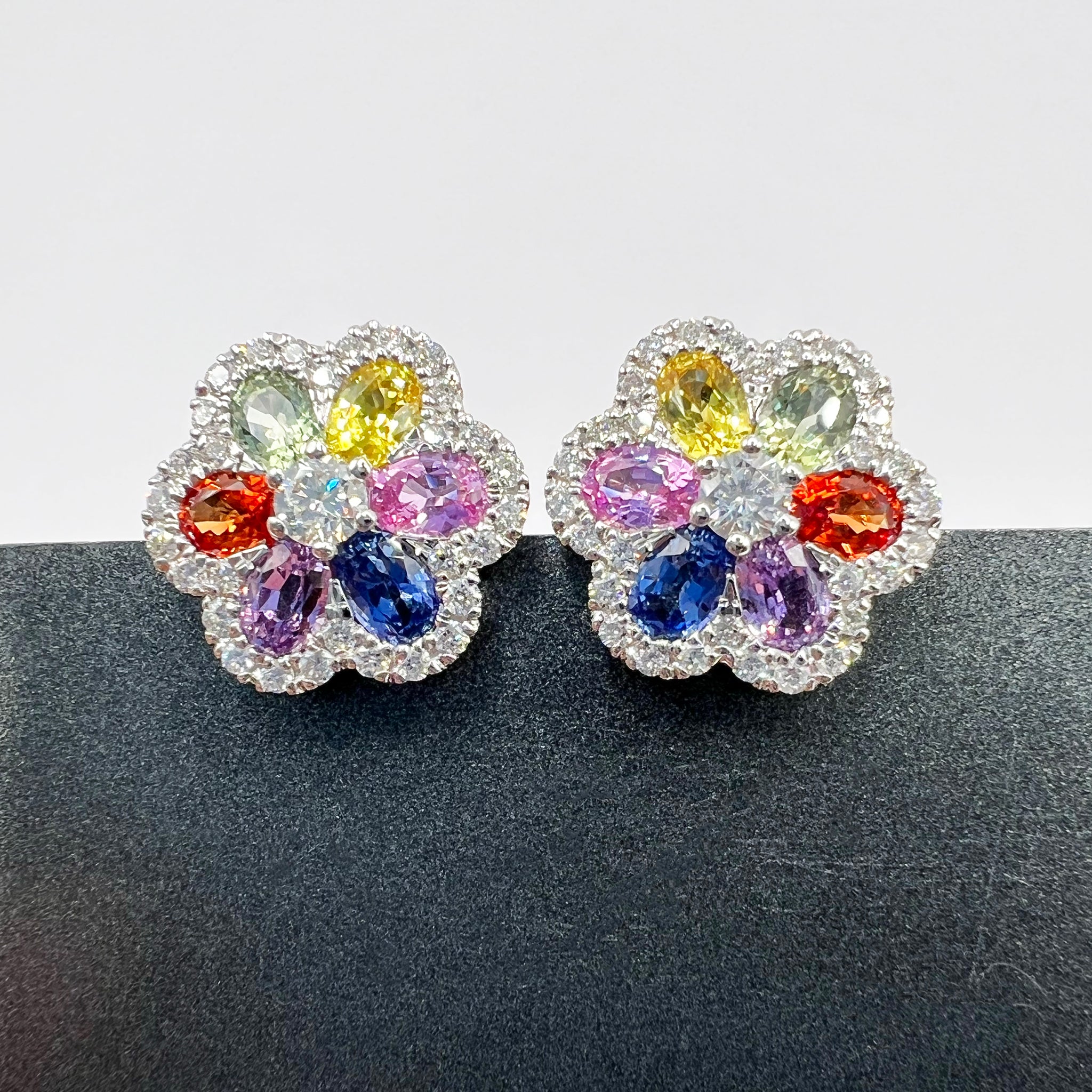 Rainbow Sapphires Diamonds Blossom Studs