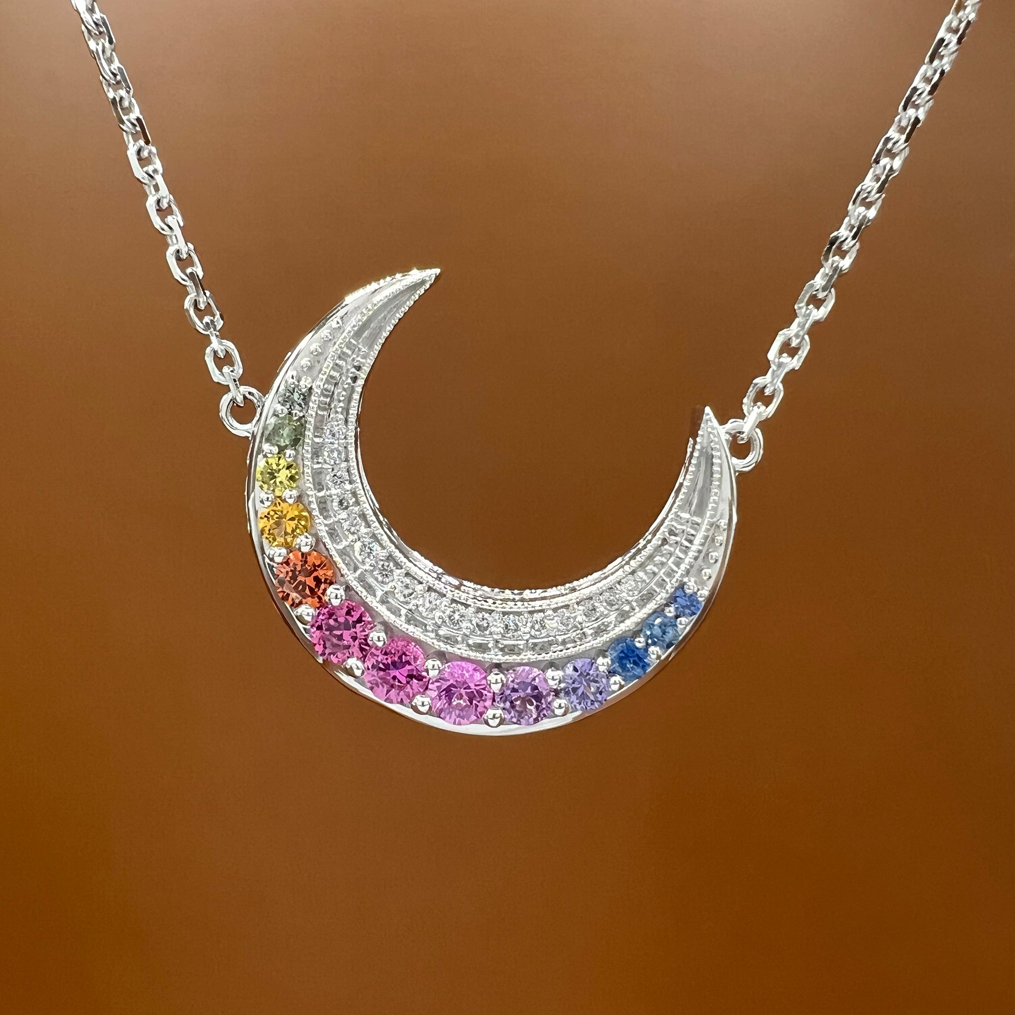 Fancy Sapphires and Diamond Moon Pendant