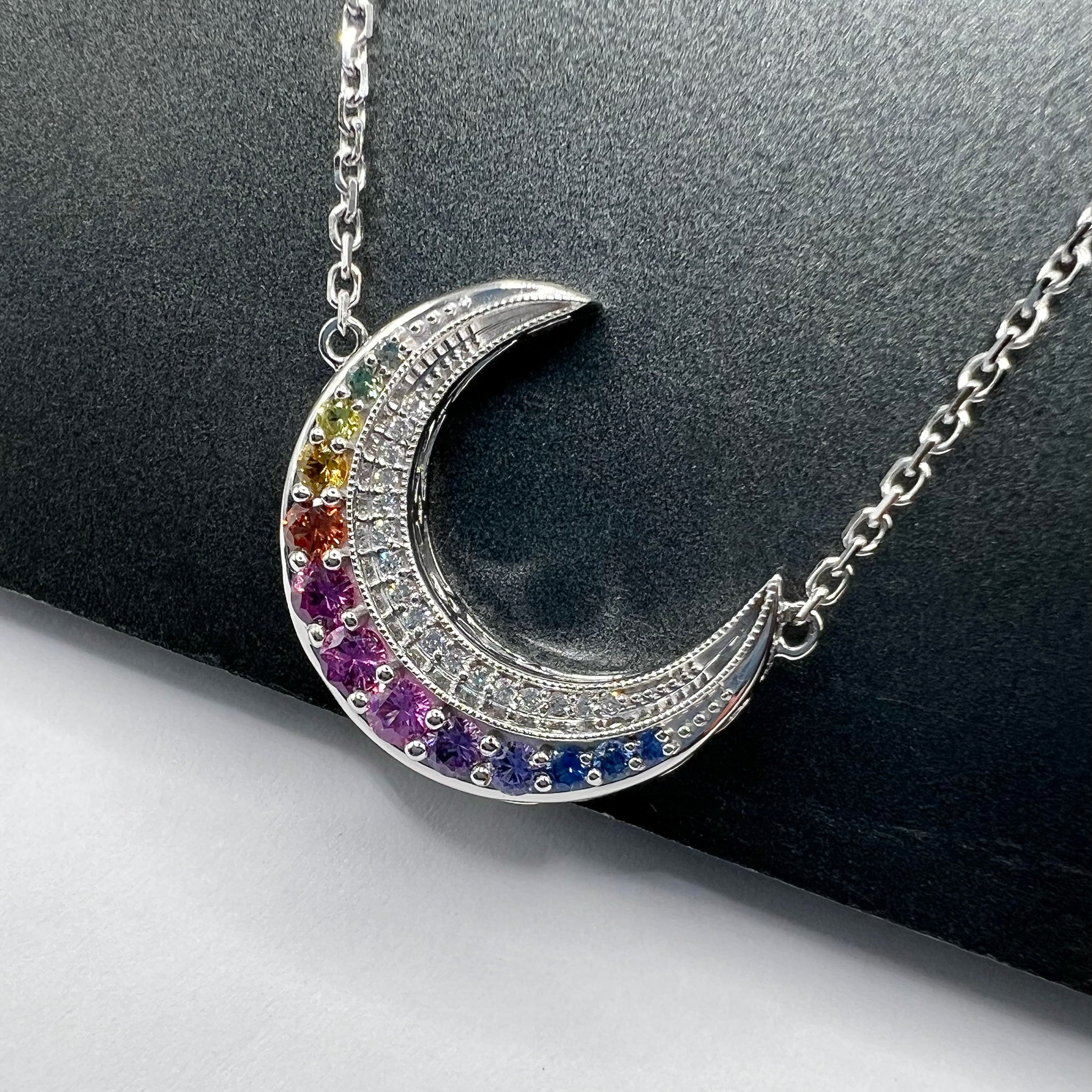 Fancy Sapphires and Diamond Moon Pendant
